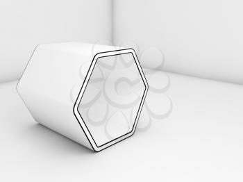 Empty white hexagonal object with black contour stands in blank room interior, 3d illustration