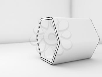 Empty white hexagonal stand with black contour stands in blank room interior, 3d render