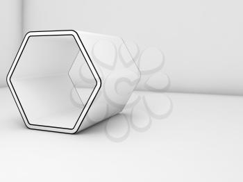 Empty white hexagonal object with black contour stands in blank room interior, 3d render illustration