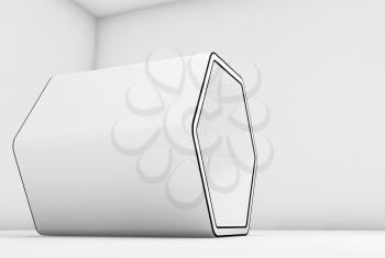 Empty white hexagonal stand with black contour stands in blank room interior, 3d illustration
