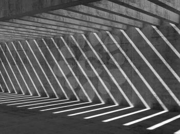 Abstract empty concrete interior background. Corridor with ceiling illumination and pattern of shadows and light beams on the wall and floor, 3d illustration