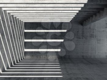 Abstract empty concrete interior background. Perspective of hall with ceiling illumination and pattern of shadows and light beams on the wall and floor, 3d illustration