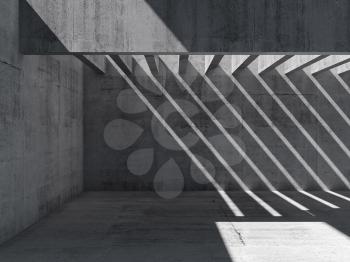 Abstract empty interior background. Concrete room with ceiling illumination and pattern of shadows and light beams on the wall, 3d illustration