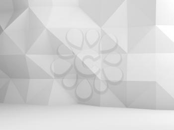 Abstract white interior background with low poly mosaic pattern on the wall, 3d render illustration
