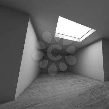 Abstract architectural background, empty room. Concrete floor, white walls and ceiling light window. Square 3d render illustration
