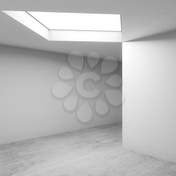 Abstract architectural background, empty interior. Concrete floor, white walls and ceiling light window. Square 3d illustration