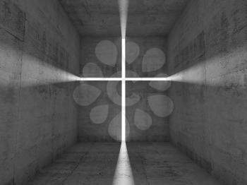Abstract empty concrete interior with lighting cross on the wall, Christianity conceptual background. 3d render illustration