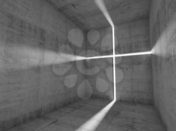 Abstract empty concrete interior, lighting cross on wall, Christianity conceptual background. 3d illustration