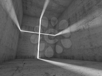 Abstract concrete interior with lighting cross on the wall, Christianity conceptual background. 3d render illustration