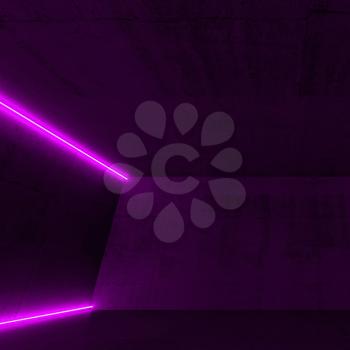Abstract empty dark concrete interior with purple neon lights, square 3d render illustration