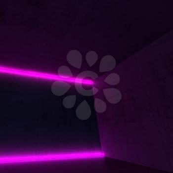 Abstract empty dark concrete room interior with purple neon lights, square 3d render illustration