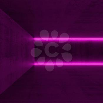 Abstract empty dark concrete interior with horizontal purple neon lights, square 3d render illustration