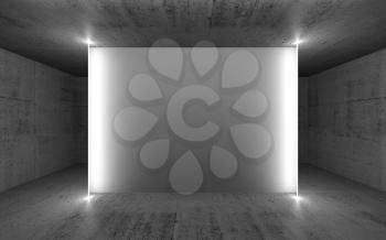 Abstract dark concrete interior background with empty white banner and neon lights, front view. 3d render illustration