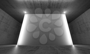 Abstract dark concrete interior background with empty white banner and neon lights, front view. 3d illustration