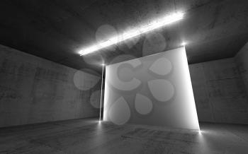 Abstract dark concrete interior, empty white banner installation illuminated with neon light lines, 3d render illustration