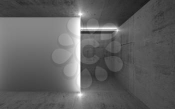 Abstract dark concrete interior, empty white wall illuminated with neon light lines, 3d render illustration