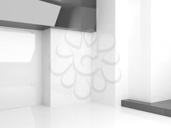 Empty abstract interior background, room with shiny geometric installation, 3d render illustration