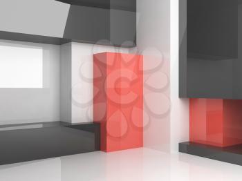 Empty abstract interior background, room with shiny walls and geometric installation, 3d render illustration