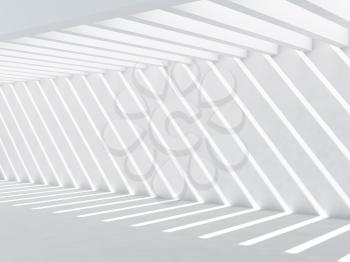Abstract empty interior, cg background. White corridor with pattern of light beams over the wall and floor, front view, 3d illustration