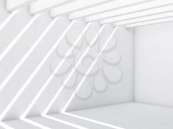 Abstract empty interior, cg background. White corridor with pattern of light beams over the wall and floor, front view, 3d render illustration