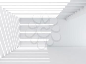 Abstract empty interior background. White corridor with pattern of light beams over the wall and floor, front view, 3d render illustration