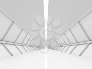 Abstract symmetric empty white corridor with ceiling illumination, high-tech interior background, 3d illustration