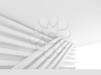 Abstract empty interior background. White room with soft window illumination and installation of stripe beams on the wall, 3d illustration