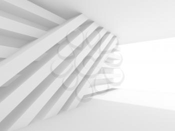 Abstract empty white interior background. White room, soft window illumination and installation of stripe beams on the wall, 3d illustration