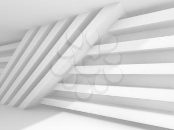 Abstract empty interior background. White room with installation of stripe beams on the wall, 3d illustration