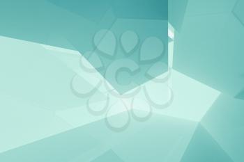 Low polygonal background with double exposure effect on blue shiny walls. 3d render illustration
