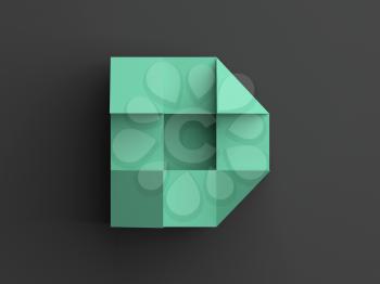 Abstract green digital object in shape of D letter over dark gray background, 3d render illustration