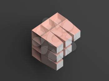 Abstract digital model, pink white object in shape of F letter over dark gray background, 3d render illustration