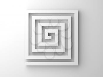 Abstract white square spiral maze object on white background, front view, 3d render illustration