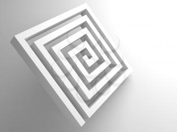 Abstract white square spiral maze object on white background, 3d render illustration