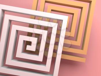 Abstract square spirals over pink background, 3d render illustration