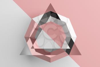 Abstract low poly object over pink and white background, digital art. 3d render illustration