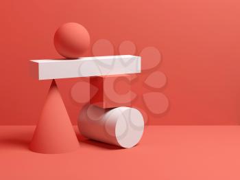 Abstract equilibrium still life installation with red and white primitive geometric shapes. 3d render illustration