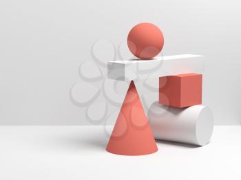 Abstract equilibrium still life installation of red and white primitive geometric shapes. 3d render illustration