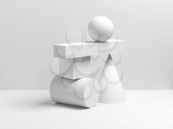 Abstract white equilibrium still life installation with primitive geometric shapes. 3d render illustration