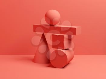 Abstract equilibrium red digital still life installation with primitive geometric shapes. 3d render illustration
