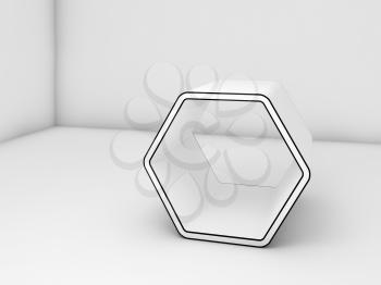 Empty white hexagonal stand with black contour in blank room interior, 3d illustration