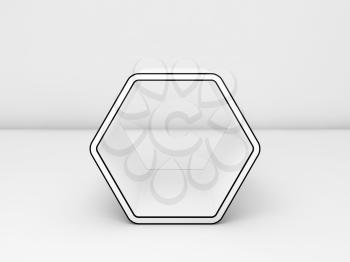 Empty white hexagonal stand with black contour in blank room interior, frontal view 3d render illustration