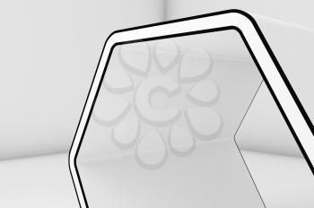 Empty white hexagonal stand with black contour in blank room interior, closeup 3d render illustration