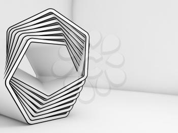 Abstract white installation with black contour in empty room interior, 3d render illustration