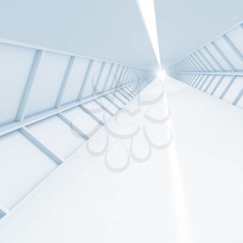 Abstract empty corridor perspective, blue toned high-tech interior background, square 3d render illustration