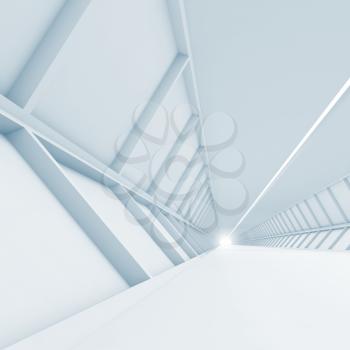 Abstract empty corridor perspective, blue toned high-tech interior background, square 3d render illustration