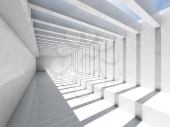 Empty white interior background. Corridor with ceiling illumination and striped pattern of shadows and light beams, 3d render illustration