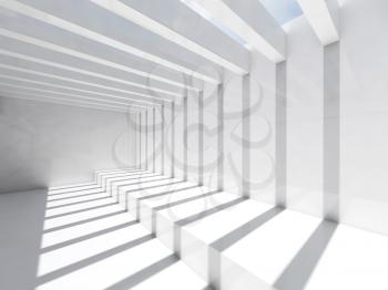 Empty white interior background. Room with ceiling illumination and striped pattern of shadows and lights, 3d render illustration