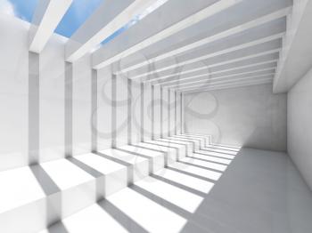 Abstract empty white interior background with ceiling illumination and striped pattern of shadows and light beams, 3d render illustration