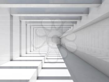 Abstract white interior background. Empty corridor with ceiling illumination and striped pattern of shadows and light beams, 3d render illustration